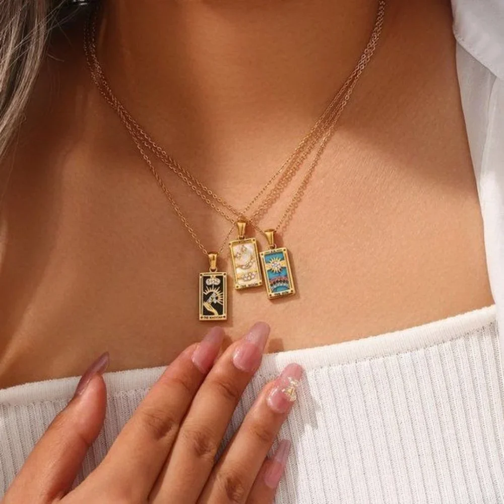 Sun Tarot Card Pendant Necklace 18K Gold Enamel Rectangle Stainless Steel - Picture 4 of 9